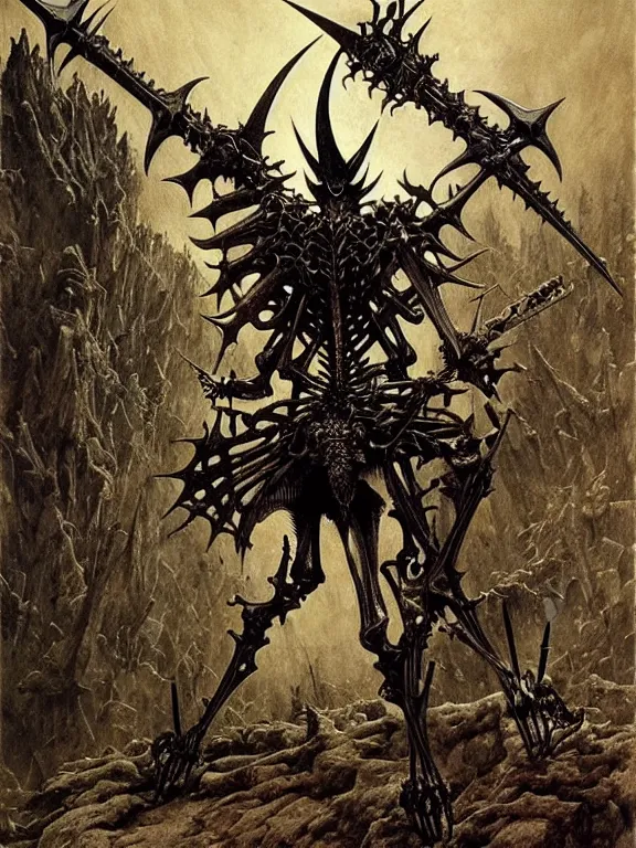 Prompt: A spiked horned skeleton with armored joints stands with a huge two-handed weapon in his hand. Extremely high detail, realistic, fantasy art, solo, masterpiece, saturated colors, bones, ripped flesh, art by Zdzisław Beksiński, Arthur Rackham, Dariusz Zawadzki