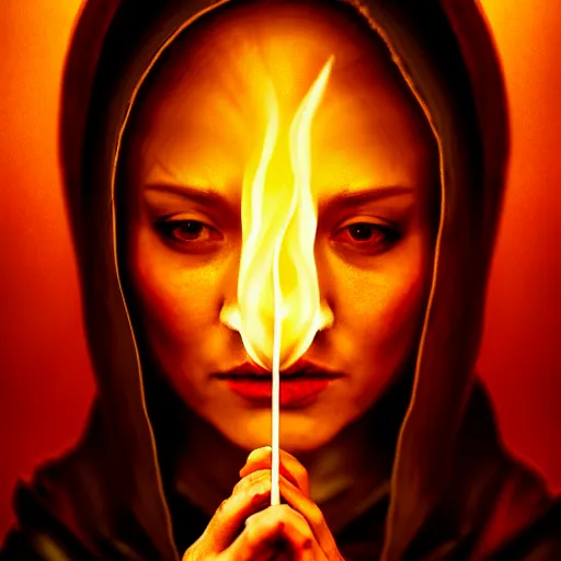 Prompt: ( a priestess with a hood that covers half her face carries an incense burner that emits a pleasantly colored flame. ) by anato finnstark, photorealistic, fullbody portrait, dynamic lighting, beautiful, trending on artstation, wallpaper, 4 k, award winning, digital art, golden hues, firm line