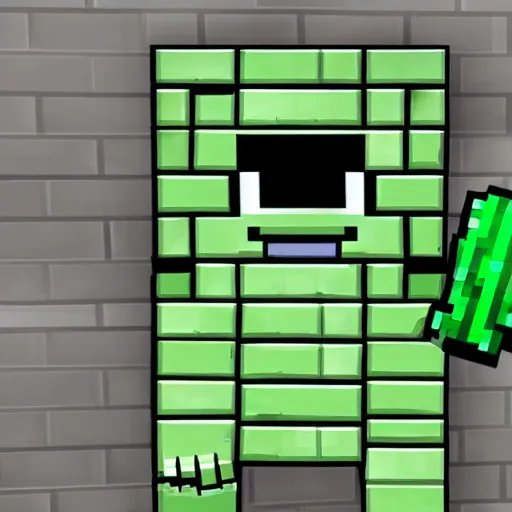 Image similar to a minecraft creeper holding a gun to your face