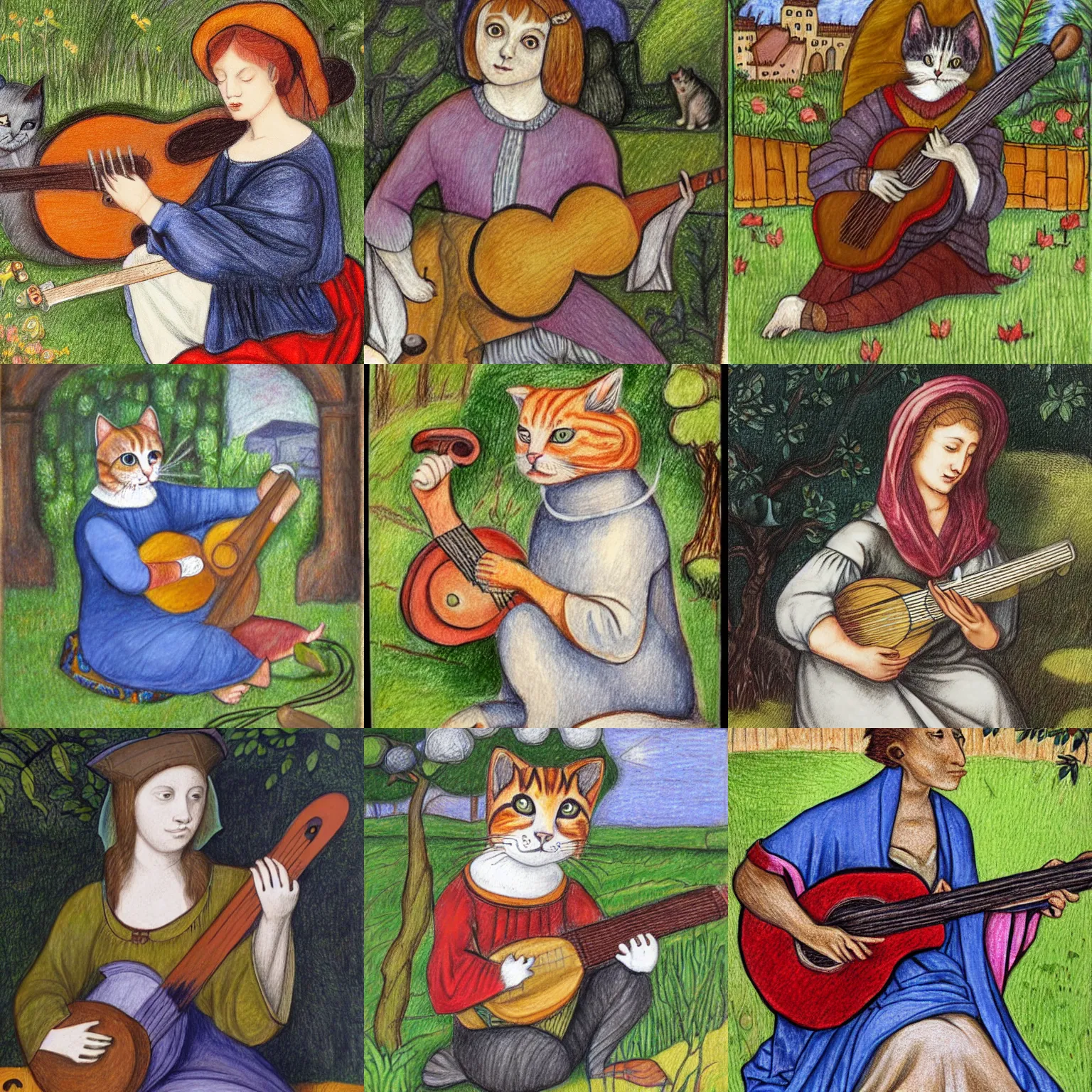 Prompt: cat playing lute in the garden, medieval portrait, colored pencil,