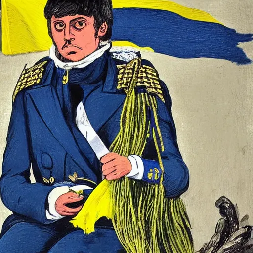 Image similar to Volodymyr Zelensky at war, dressed like Napoleon Bonaparte, his clothes are torn and dirty, he is sitting between dead corpses and weeping, holding a half burnt blue and yellow flag of Ukraine, in the style of Roy Lichtenstein