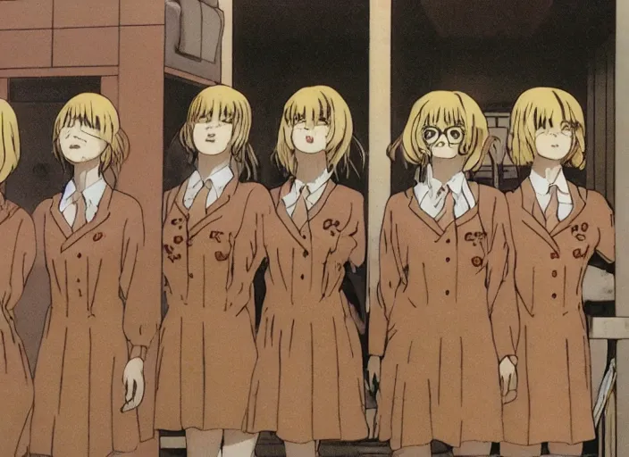 Image similar to screenshot from guro anime, 8 0's horror anime, yellowed grainy vhs footage with noise, four schoolgirls trapped in a bathroom, bathroom stalls and sinks and tiled floor, girls are in beige sailor school uniforms, one girl has white hair, detailed expressive faces, various hair colors and styles, in the style of ghibli,