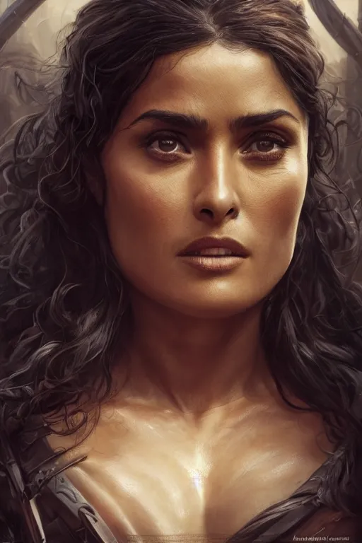 Image similar to portrait, Salma Hayek , barbarian , face portrait, raphael lacoste, eddie mendoza, alex ross, concept art, matte painting, highly detailed, rule of thirds, dynamic lighting, cinematic, detailed, denoised, centerd