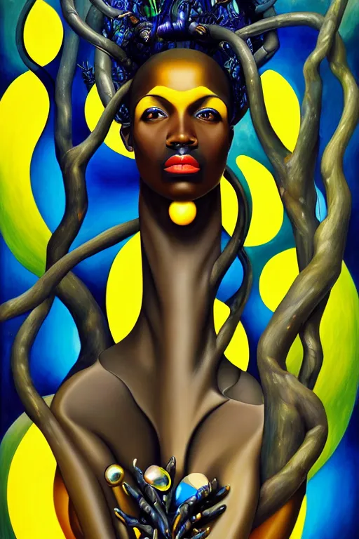 Image similar to hyperrealistic deconstructed super expressive! black woman with exoskeleton armor, merging with tree in a forest, highly detailed digital painting masterpiece smooth de lempicka hannah yata dramatic pearlescent blue yellow light ground angle hd 8k sharp focus