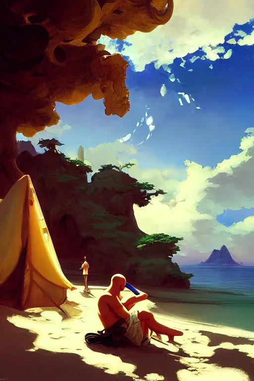 Image similar to baroque oil painting of anime key visual concept art of doom guy relaxing in a beachside resort, acrylic painting, trending on pixiv fanbox, palette knife and brush strokes, style of makoto shinkai jamie wyeth james gilleard edward hopper greg rutkowski studio ghibli genshin impact