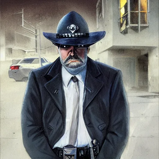 Image similar to portrait of a greying pale vampire police officer with short hair and a patchy beard, close up, grimy streets backdrop, highly detailed, sharp focus, perfect eyes, art by esad ribic