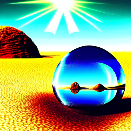 Prompt: poster big crystal in the desert, reflection from the crystal is sparkling due to sun, small starship near, futuristic, hi-tech details, style jean giraud, hyperdetailed, cinematic, unreal engine
