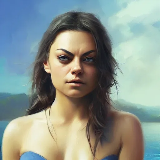 Image similar to winking mila kunis closeup portrait, dramatic light, lake background, 2 0 0 mm focal length, painted by stanley lau, painted by greg rutkowski, painted by stanley artgerm, digital art, trending on artstation