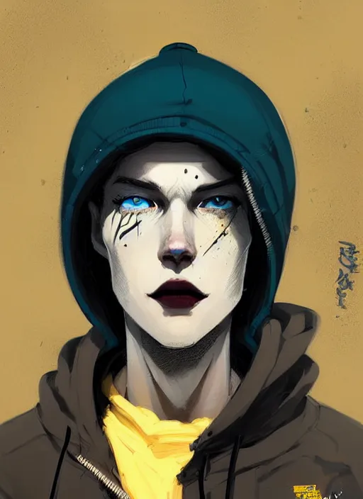 Image similar to highly detailed portrait of a sewerpunk student, blue eyes, hoody, beanie hat, white hair by atey ghailan, by greg rutkowski, by greg tocchini, by james gilleard, by joe fenton, by kaethe butcher, gradient yellow, black, brown and cyan color scheme, grunge aesthetic!!! ( ( graffiti tag wall background ) )