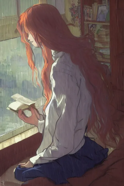 Prompt: a girl in a jk uniform outfit in the bedroom reading a book in a night, raining outside the window, grey and orange theme ， wavy white long hair, by krenz cushart and mucha and akihito yoshida and greg rutkowski and makoto shinkai and vincent van gogh and monet, detailed eyes, 4 k resolution