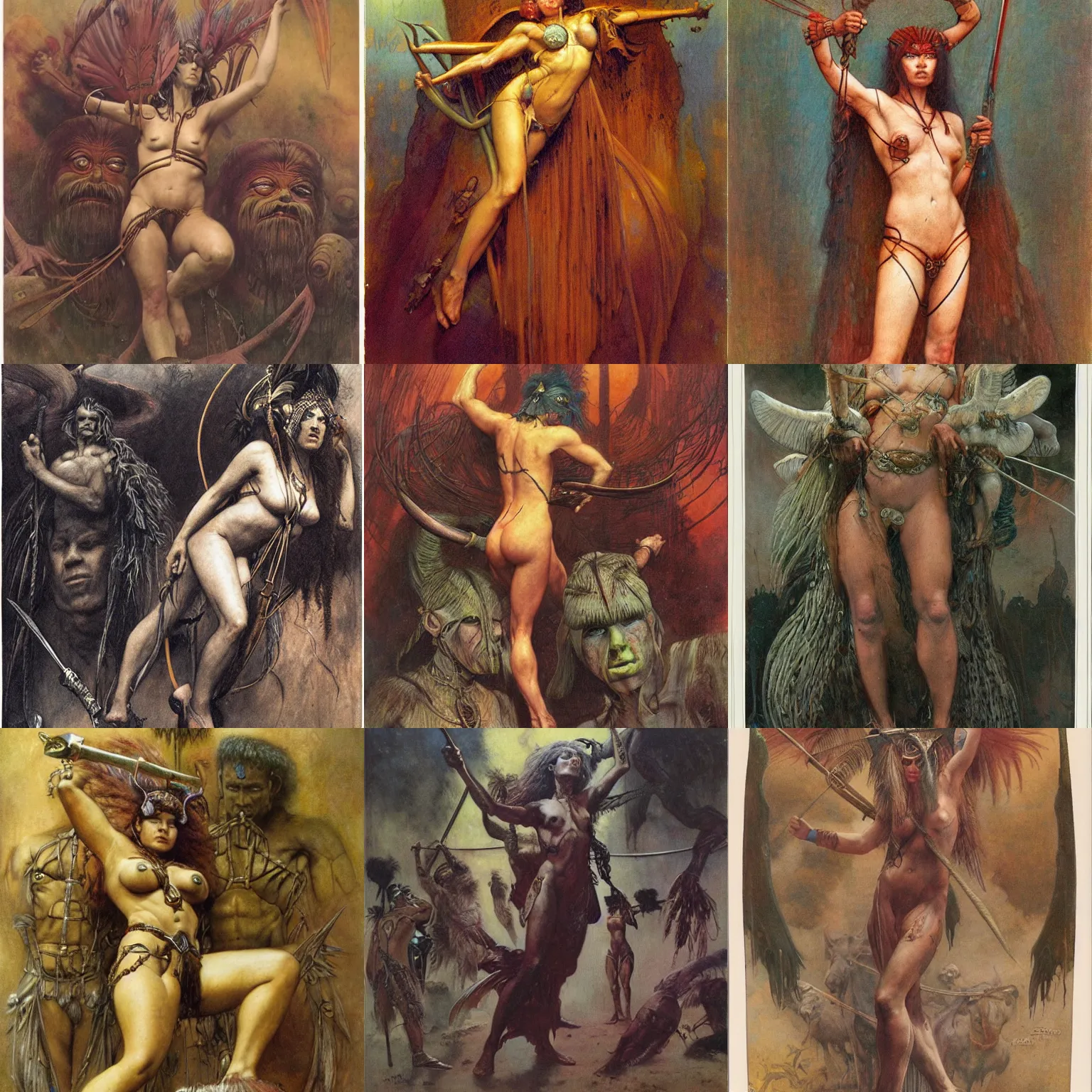 Prompt: amazonian warrior, by wayne barlowe, by gustav moreau, by goward, by gaston bussiere, by roberto ferri, by santiago caruso, by luis ricardo falero, by austin osman spare, by saturno butto