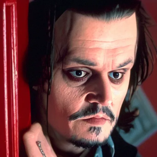 Prompt: Johnny Depp as Jack Torrance in Shining looking through the hole in the door,