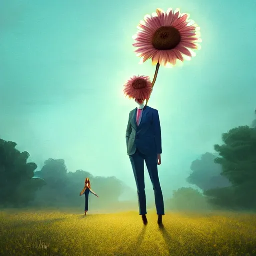 Image similar to giant daisy flower under head, frontal, girl in a suit, surreal photography, sunrise, dramatic light, impressionist painting, digital painting, artstation, simon stalenhag