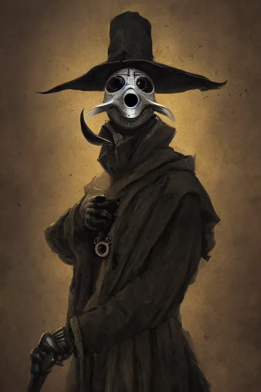 Image similar to A fancy portrait of a 1300's Plague Doctor by Greg Rutkowski, Sung Choi, Mitchell Mohrhauser, Maciej Kuciara, Johnson Ting, Maxim Verehin, Peter Konig, Bloodborne, 8k photorealistic, cinematic lighting, HD, high details, dramatic, dark atmosphere, trending on artstation