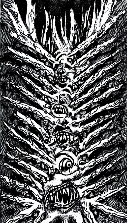 Image similar to a storm vortex made of many demonic eyes and teeth over a forest, from cryptid academia