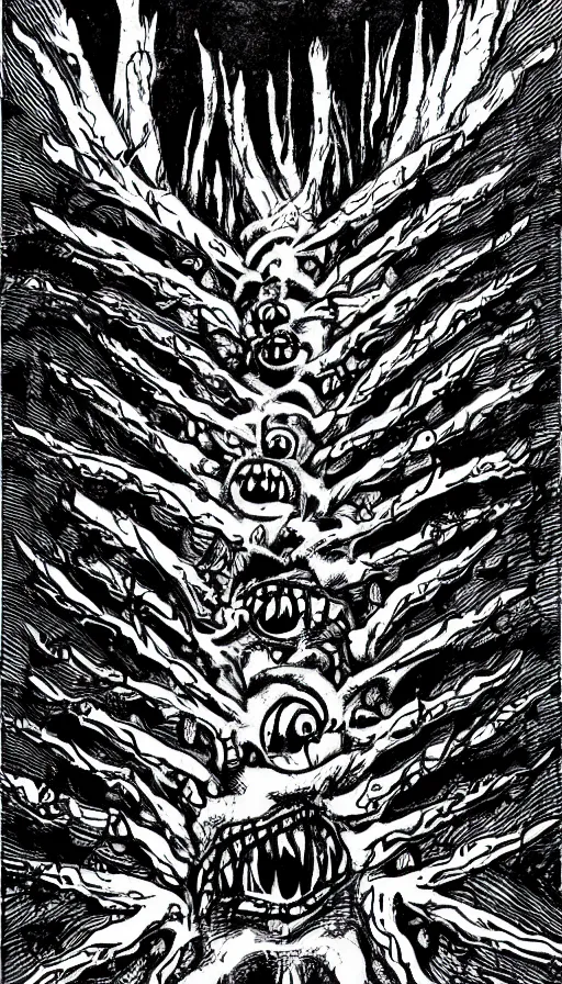 Prompt: a storm vortex made of many demonic eyes and teeth over a forest, from cryptid academia