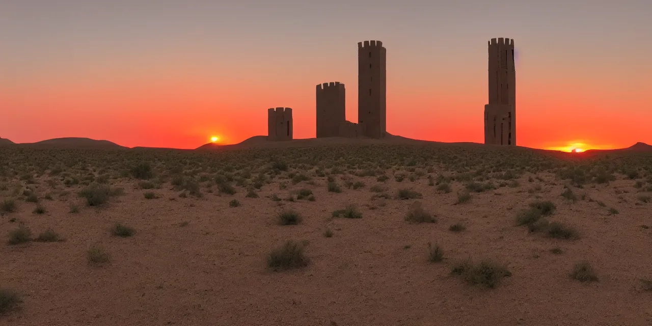 Image similar to sunset on a desert, eldritch tower in the middle distance, green tinged sky with a red sun