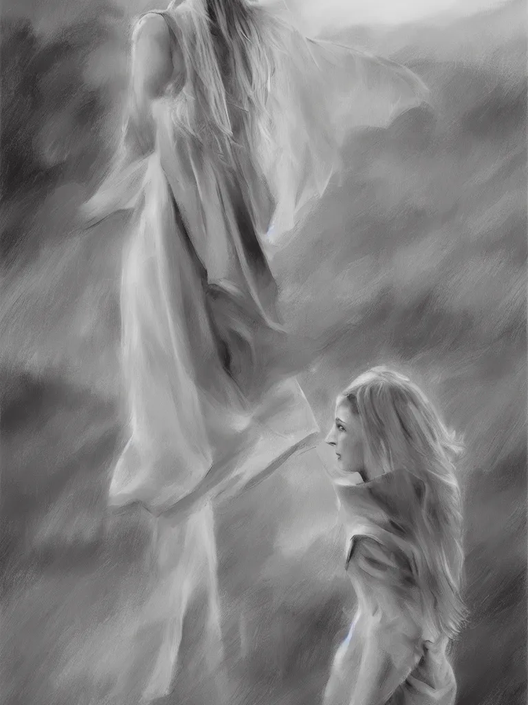 Image similar to blonde female jedi, Swedish countryside, landscape view, archipelago, pencil sketch, abstract, black and white, mono, by Vladimir Volegov, wlop, artstation