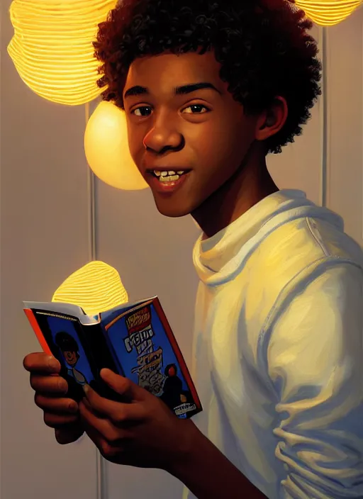 Image similar to portrait of teenage chuck clayton, black teenage boy, very short curly hair, very short hair, square jaw, slight excited smile, reading archie comic book, intricate, elegant, glowing lights, highly detailed, digital painting, artstation, concept art, smooth, sharp focus, illustration, art by wlop, mars ravelo and greg rutkowski