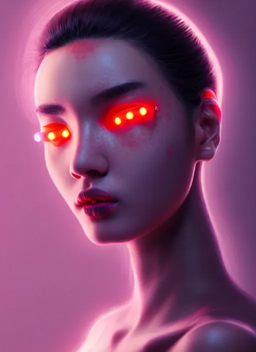 Prompt: photorealistic portrait of oriental female humanoid with freckle cheeks, nose stud, cyber neon lightings, highly detailed, cyberpunk high fashion, elegant, crispy quality, trending in artstation, trending in pinterest, glamor pose, no signature, no watermark, cinematic, octane render, art by artgerm, art by greg rutkowski, art by pascal blanche