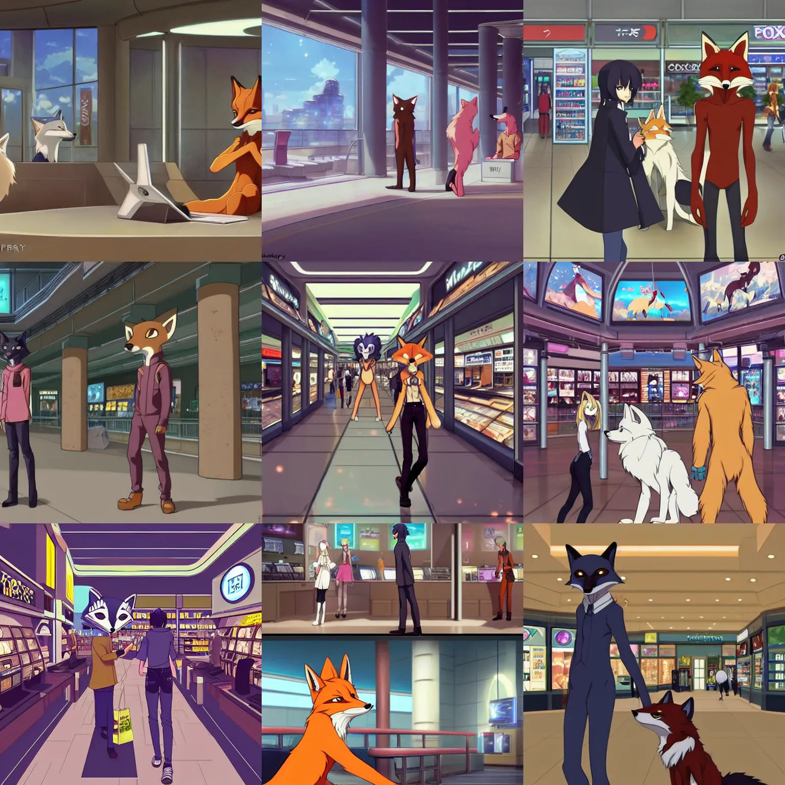 Image similar to an anthropomorphic!!!! furry!!!! ( fox ) shopping at a futuristic mall, photorealistic, anime!!!!, makoto shinkai, james gurney, don!!!! bluth!!!!, hibbary, dark natasha, goldenwolf, furaffinity!!!!