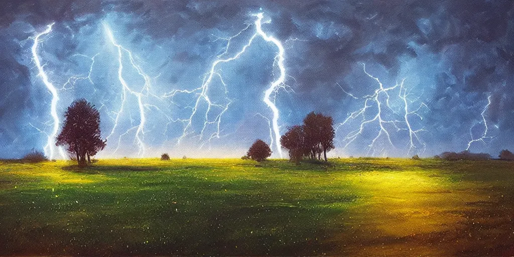 Image similar to lightning strikes a tree in the middle of a field, painting By Alena Aenami,