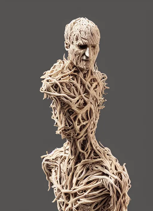 Image similar to a bust sculpture of anatomical detailed tree golem, woody harrelson, wood, green leaves, become human, ceramic base, orthographic, studio lighting