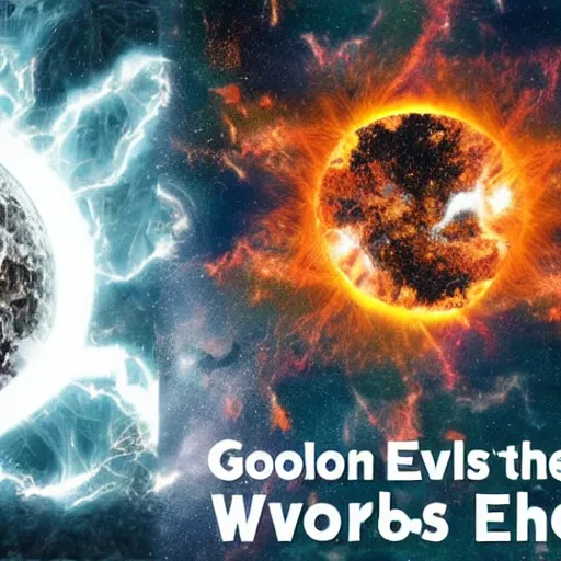 Prompt: The collision of good and evil and their worlds exploding into pieces