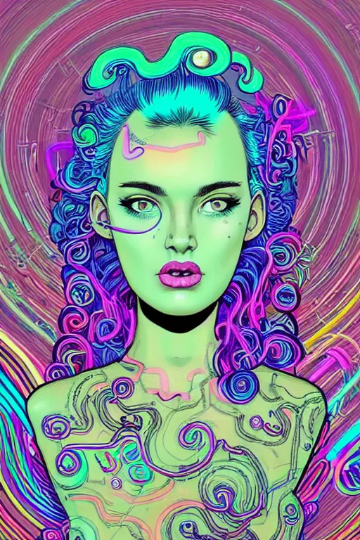 Image similar to a award winning portrait of a beautiful woman with stunning eyes in a one off shoulder croptop and cargo pants with rainbow colored hair, outlined by whirling illuminated neon lines and fine lines swirling in circles by joe fenton, digital art, trending on artstation