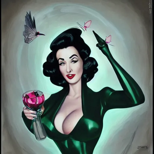 Image similar to a pinup illustration of dita von teese in the style of anna dittmann and in the style of alex ross.