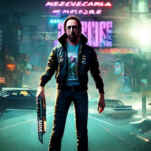 Image similar to Nicolas Cage in Cyberpunk 2077