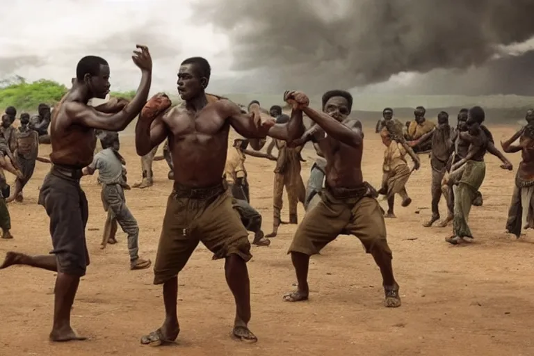 Image similar to film still of the best fight scene from the new pacific movie, set in nairobi