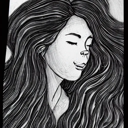 Prompt: A black ink portrait of a lonely beautiful woman with the the constellation in her beautiful black flowing hair, inktober