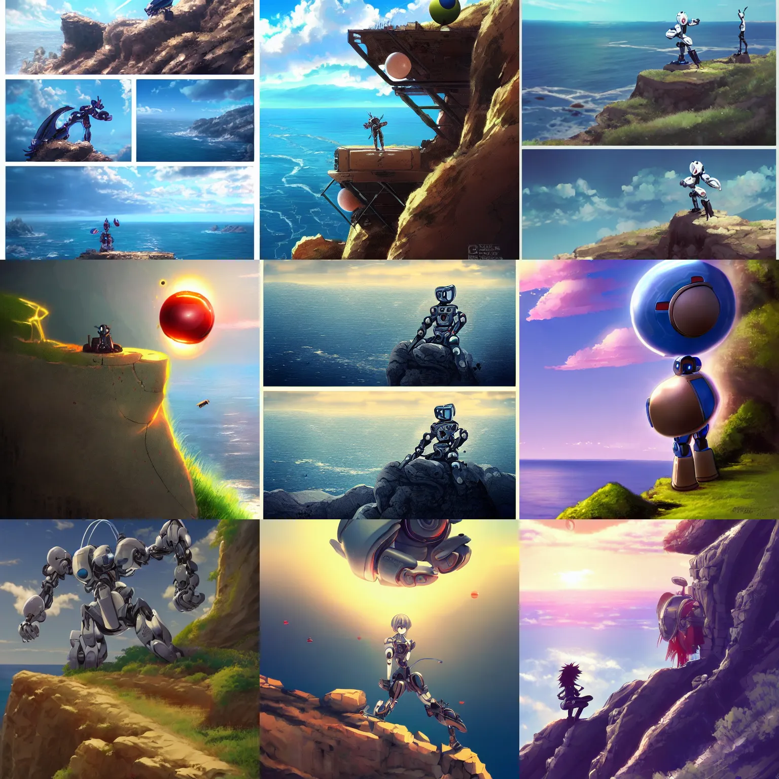 Prompt: anime robot juggling balls on top of a large cliff overlooking the sea, anime!! artistic artstation