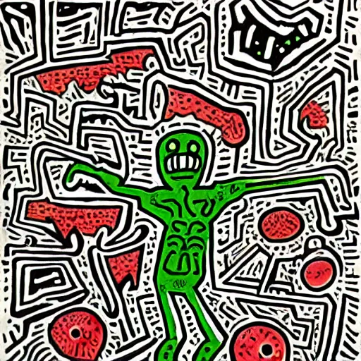 Image similar to cosmic horror in the style of keith harring,