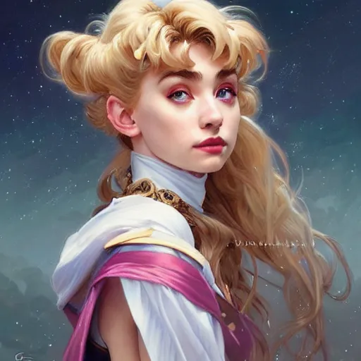 Image similar to Imogen Poots as Sailor Moon, western, D&D, fantasy, intricate, elegant, highly detailed, digital painting, artstation, concept art, matte, sharp focus, illustration, art by Artgerm and Greg Rutkowski and Alphonse Mucha