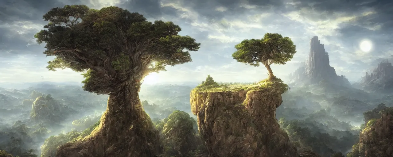 Image similar to gigantic tree on a cliff with ancient city below, above is astral world by quentin mabille