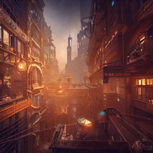 Prompt: inside an etheral steampunk city with vehicles, highly detailed, 4k, HDR, award-winning, octane render, trending on artstation, volumetric lighting