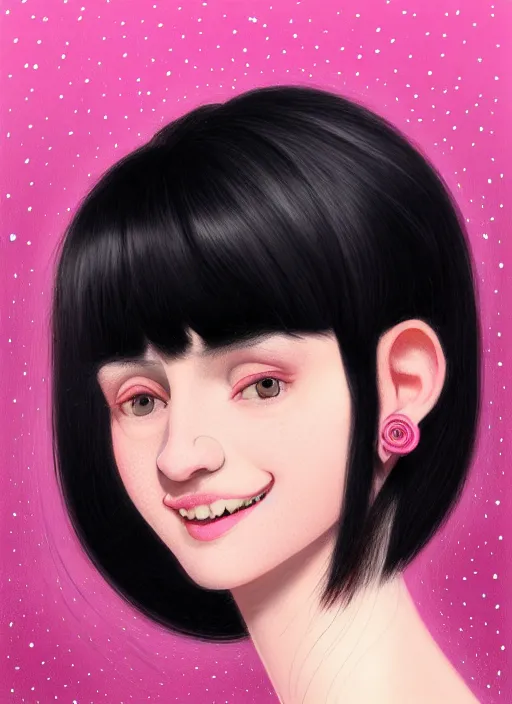 Image similar to portrait of teenage girl, narrow face, black hair, bangs, half updo hairstyle, pointy nose, skinny, smile, unattractive, defined jawline, big chin, pink hair bow, earrings, intricate, elegant, glowing lights, highly detailed, digital painting, artstation, sharp focus, illustration, art by wlop, mars ravelo and greg rutkowski