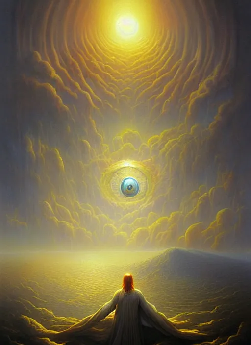 Prompt: a painting of a giant eye in the sky, surrealism, visionary art, fractals, matte painting, by christophe vacher