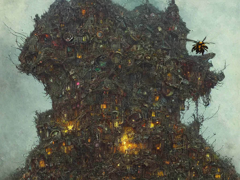 Image similar to Hooligan bee squatting on suburbia. Strange, Enigmatic, Spiralling, Colourful, Psychedelic Natural Horror by Greg Rutkowski and Gustave Doré