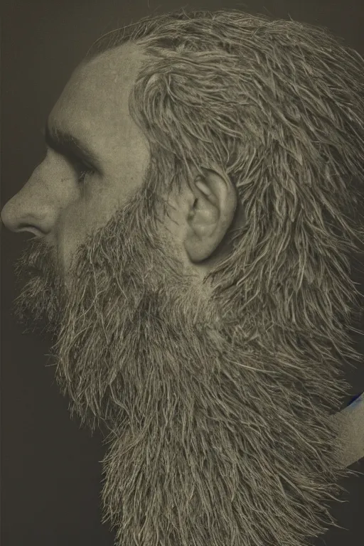 Prompt: a man's face in profile, long beard, made of foliage, in the style of the Dutch masters and Gregory crewdson, dark and moody