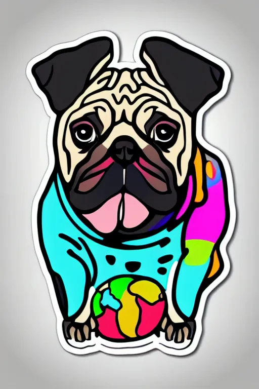 Prompt: Portrait of a pug as big as the world, sticker, colorful, illustration, highly detailed, simple, smooth and clean vector curves, no jagged lines, vector art, smooth