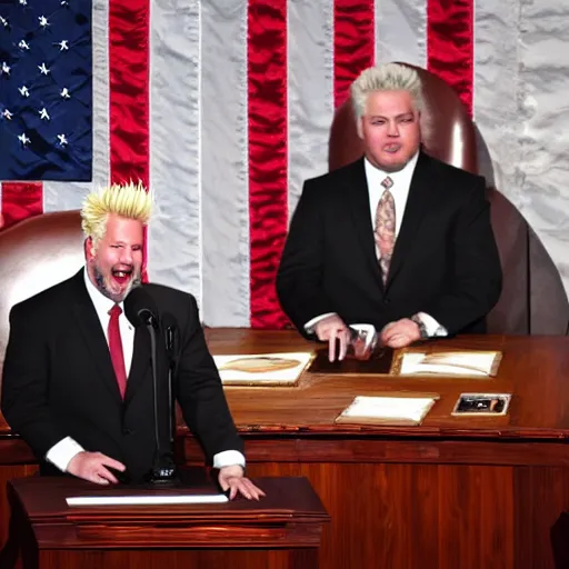 Prompt: President Guy Fieri giving State of the Union Address, symmetrical face!!, cinematic lighting, award winning photo, press photo, kodak 2383 film