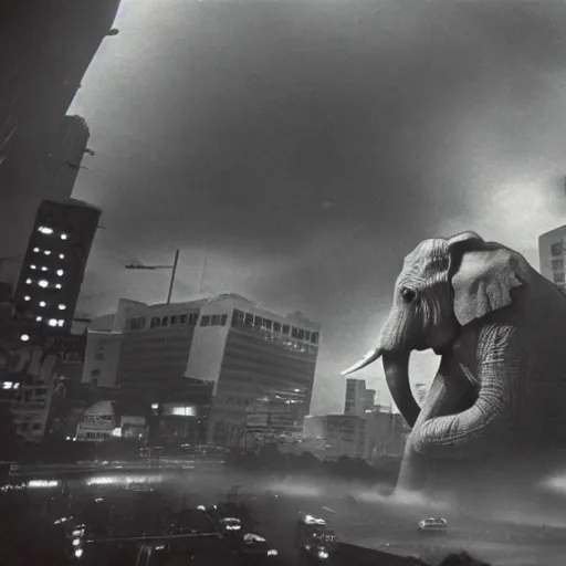 Image similar to giant elephant destroying tokyo in the style of the movie godzilla, cinematic lighting, cinematic framing and shadows 1 9 7 0 s aesthetic