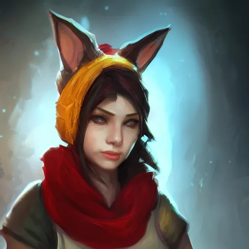 Image similar to Yordle Female portrait, Red Scarf, hatched ear, golden earring, Earnest, diminutive by Horace Hsu, Tony Sart highly detailed, digital illustration, concept art, dramatic lighting