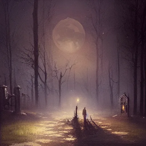 Prompt: a hauntingly beautiful painting by greg rutkowski and thomas kinkade of a dark moon in a graveyard at night, trending on artstation.