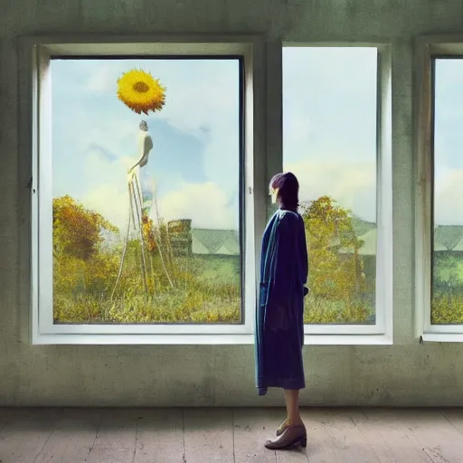 Image similar to giant daisy flower head, woman standing next to modern window in luxury loft, surreal photography, sunlight, impressionist painting, digital painting, artstation, simon stalenhag