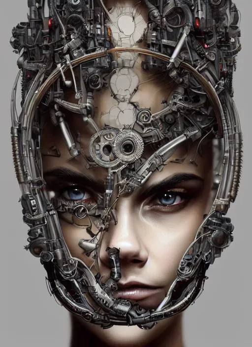 Prompt: symmetry! cara delevingne praying, machine parts embedded into face, tubes and cables, intricate, elegant, highly detailed, digital painting, artstation, concept art, smooth, clockwork, sharp focus, illustration, art by artgerm and greg rutkowski and alphonse mucha, 8 k