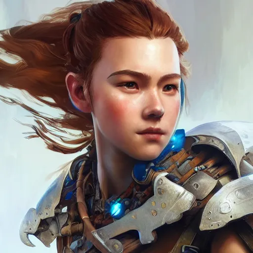 Image similar to Aloy from Horizon: Zero Dawn, half body portrait, videogame cover art, highly detailed, digital painting, artstation, concept art, smooth, detailed armor, sharp focus, beautiful face, illustration, art by Artgerm and greg rutkowski and alphonse mucha